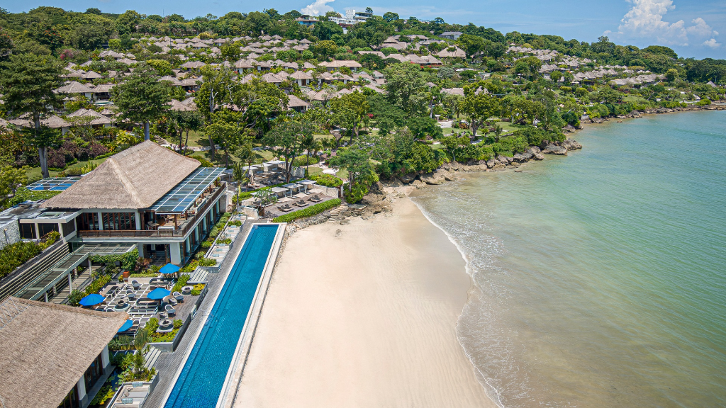 Aerial view of Jimbaran Bay beach and villas at Four Seasons Resort Bali