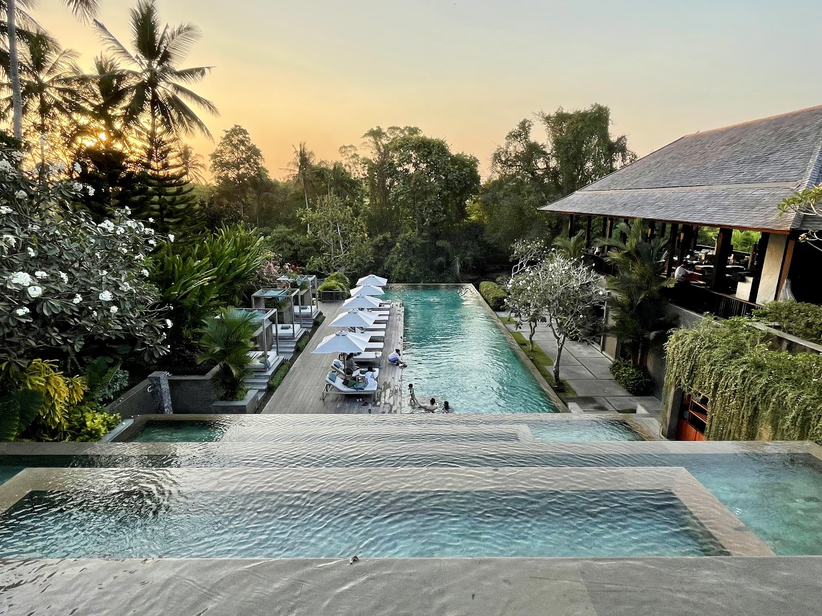Long pool framed by tropical forest at Nirjhara