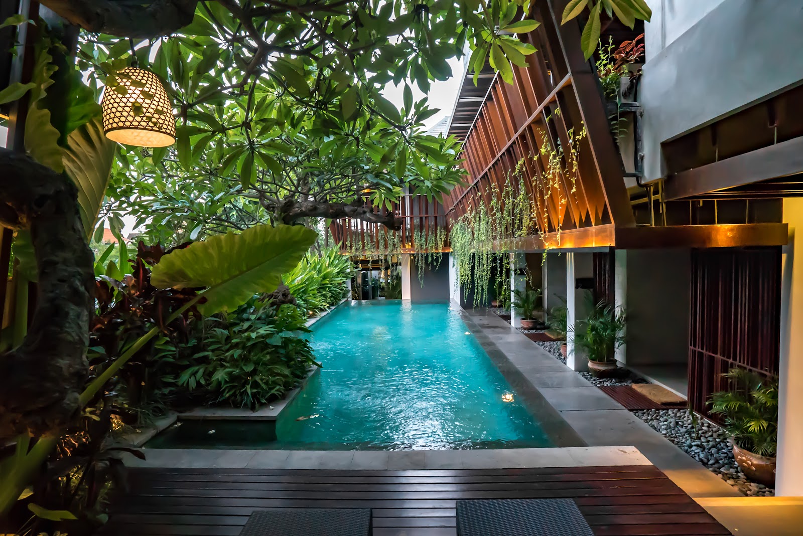 Pool surrounded by tropical plants at KEMILAU Hotel and Villa Canggu
